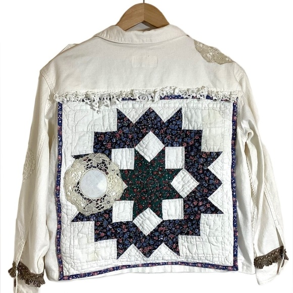 Upcycled Linen Cotton Womens Jacket Size M Boho OOAK Shabby Chic Patches Quilted - Picture 1 of 16